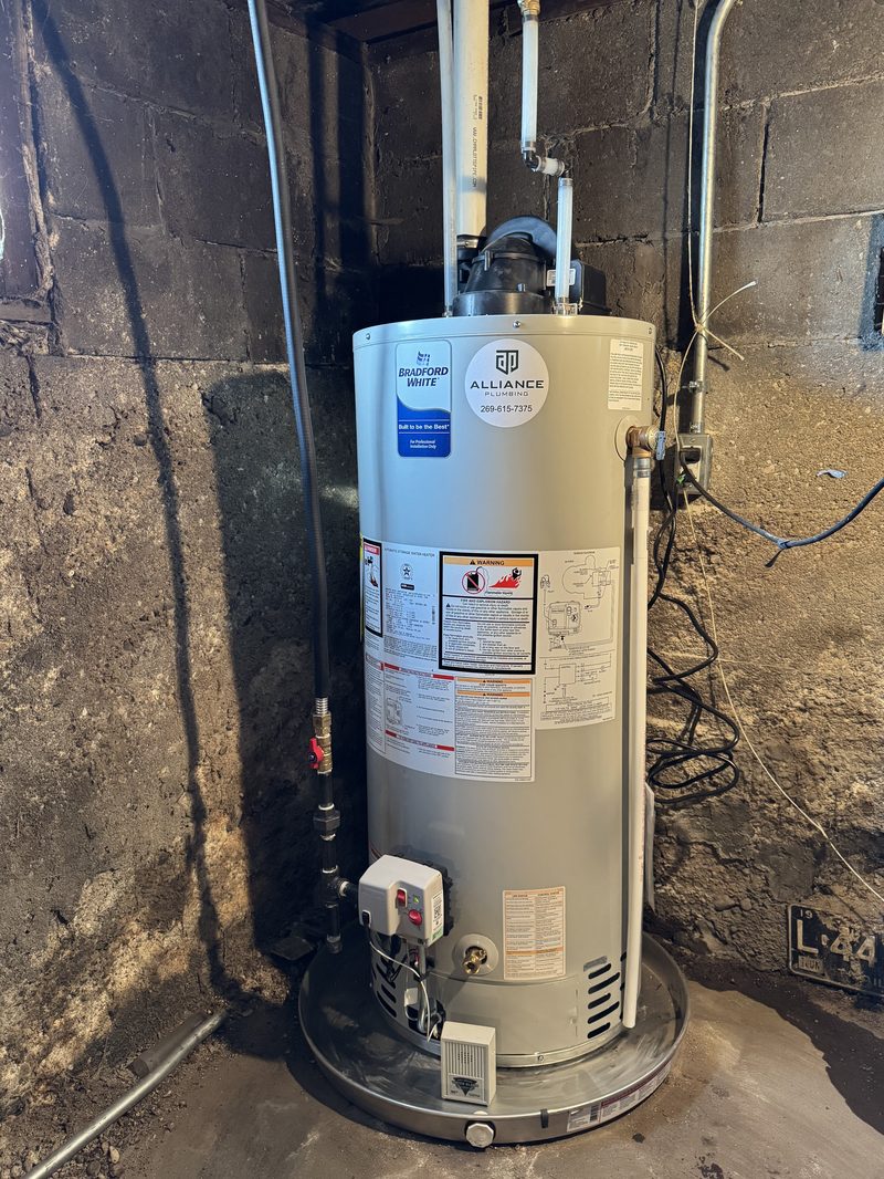 Bradford White gas water heater installation in Kalamazoo basement